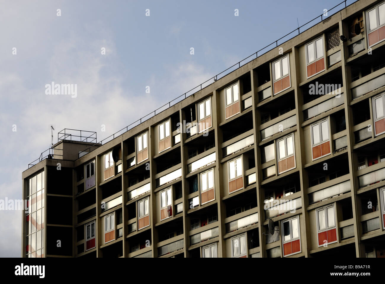 A 1960`s block of flats in Redcliffe Bristol with light reflecting off